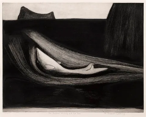 Maria Simonds-Gooding, THE DOLPHIN RISING WITH THE SUN, etching; (no. 14 from an edition of 45)