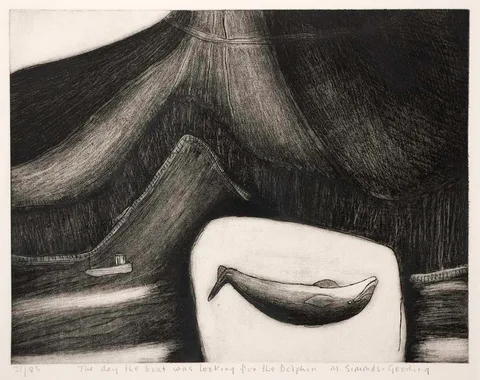 Maria Simonds-Gooding, THE DAY THE BOAT WAS LOOKING FOR THE DOLPHIN, etching; (no. 21 from an edition of 85)