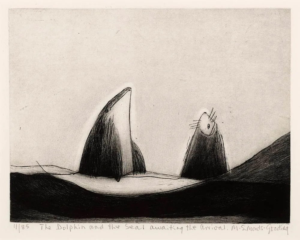 Maria Simonds-Gooding, THE DOLPHIN AND THE SEAL AWAITING THE ARRIVAL, etching; (no. 11 from an edition of 85)