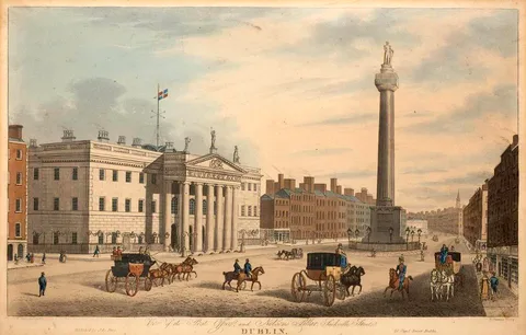 Samuel Frederick Brocas, VIEW OF THE POST OFFICE AND NELSON'S PILLAR, SACKVILLE STREET, DUBLIN, hand-coloured etching and line engraving