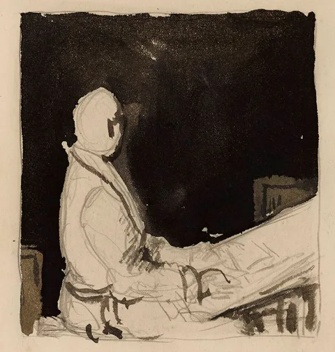 ORPEN AT DRAWING BOARD [FACING RIGHT] by William Orpen, pencil and wash, sold Jul 2022