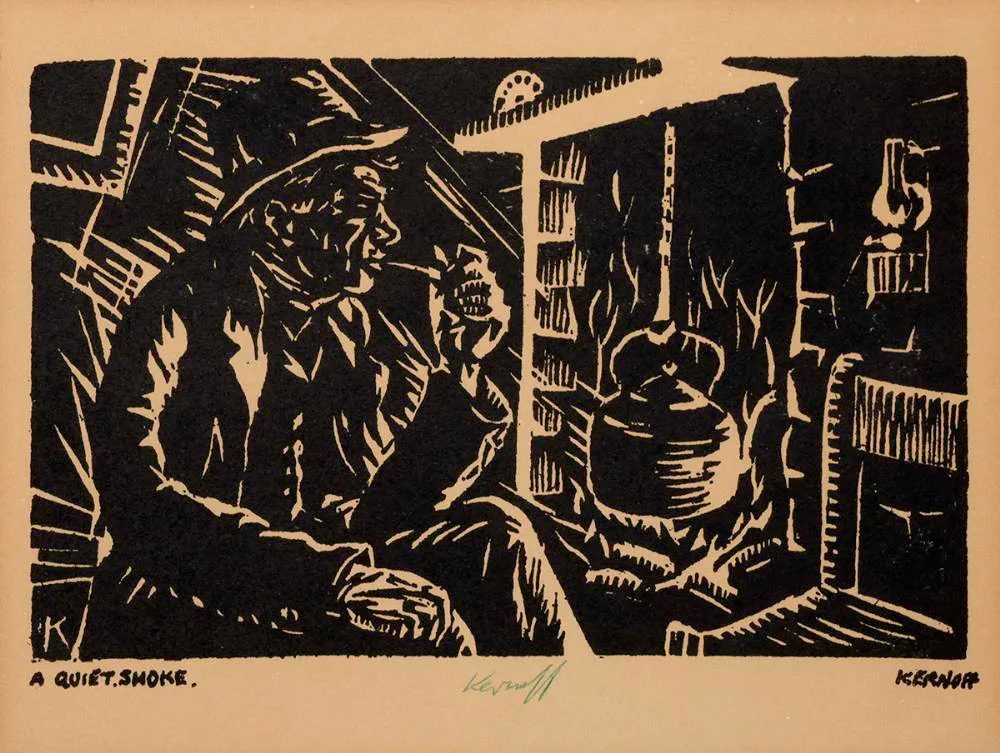A QUIET SMOKE by Harry Kernoff, woodcut, sold Jul 2022