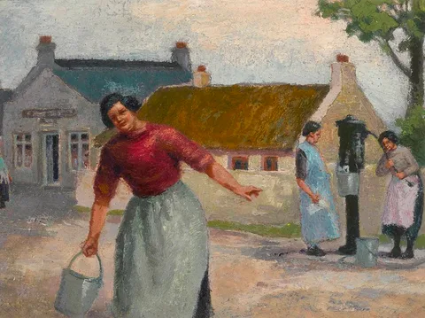 Tom Lalor, FIGURES AT A WATER PUMP, oil on canvas laid on board