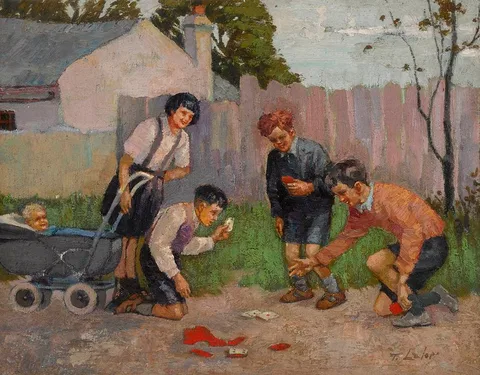Tom Lalor, CHILDREN PLAYING CARDS, oil on board