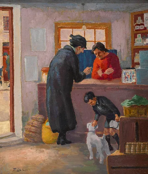 Tom Lalor, SHOP SCENE, oil on board