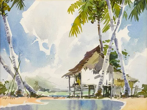 Yong Mun Sen, KAMPUNG HOUSE BY THE SEA, 1947, watercolour