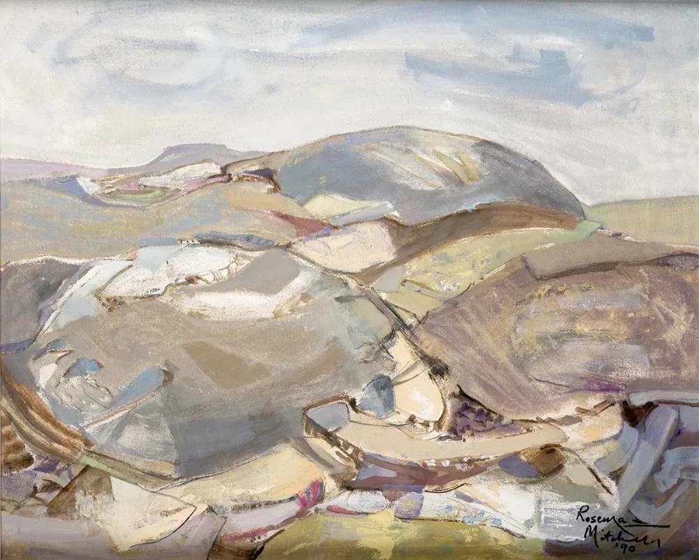 BRONZE AGE TUMULI by Rosemary Mitchell, 1990, oil on canvas, sold Jul 2022