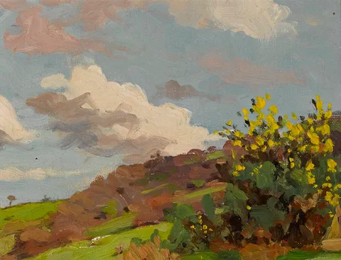 GORSE BUSHES by Michael Healy, oil on canvas laid on board, offered Jul 2022