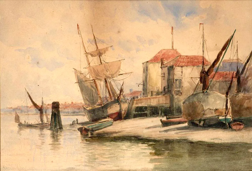 SAILING SHIPS AT REST by Alexander Williams, 1887, watercolour, sold Jul 2022