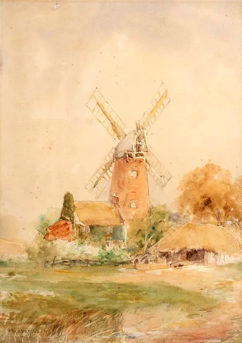 WINDMILL by William Bingham McGuinness, watercolour heightened with white, offered Jul 2022