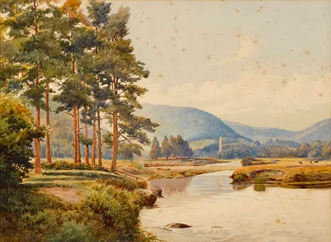 Archibald McGoogan, VIEW OF GLENDALOUGH FROM DERRYLANE SIDE OF RIVER, COUNTY WICKLOW, 1927, watercolour