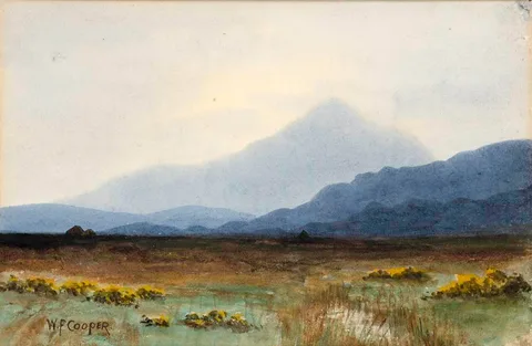 William F. Cooper, BOG LANDSCAPE WITH MOUNTAINS, watercolour