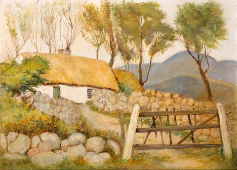 David Bond Walker, RURAL SCENE WITH COTTAGE, oil on canvas board