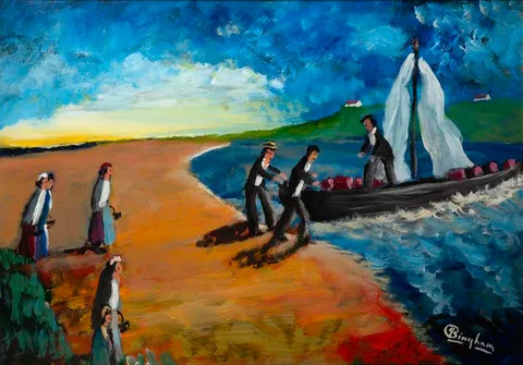 James Bingham, LANDING THE CATCH, oil on board