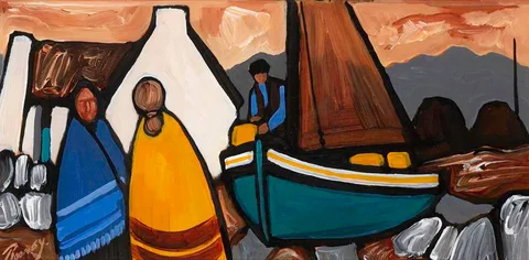 John P. Rooney, SHAWLIES BY A BOAT, gouache