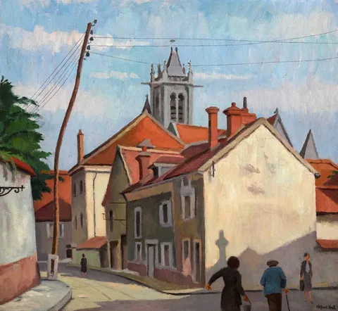 RUE DU PAVÉ NEUF, MORET-SUR-LOING by Clifford Eric Martin Hall, 1949, oil on canvas, sold Jun 2022