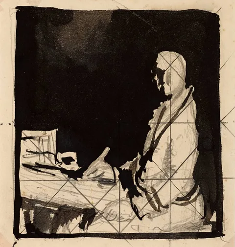 ORPEN AT DRAWING BOARD [FACING LEFT] by William Orpen, pencil and wash, sold Jun 2022