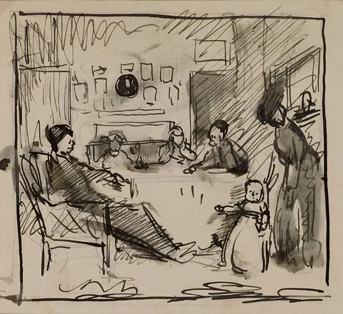 THE NICHOLSON FAMILY [WILLIAM WITH MABEL PRYDE, BEN, NANCY AND CHRISTOPHER] by William Orpen, ink, sold Jun 2022