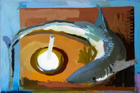 TABLE SHARK AND CANDLE [FROM THE ART AND EXTINCTION SERIES] by Diarmuid Delargy, 2002, oil on canvas, offered Jun 2022