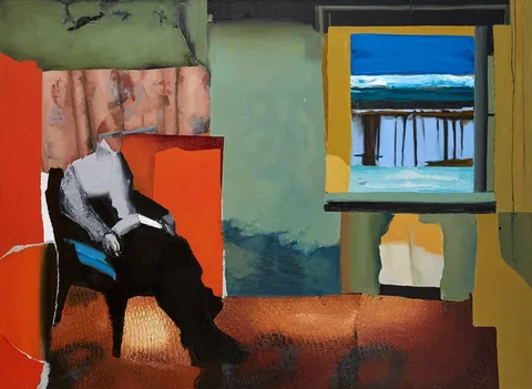 THE HOLY MAN AND THE SEA ON STILTS by Mary Therese Keown, oil on canvas; (unframed), sold Jun 2022