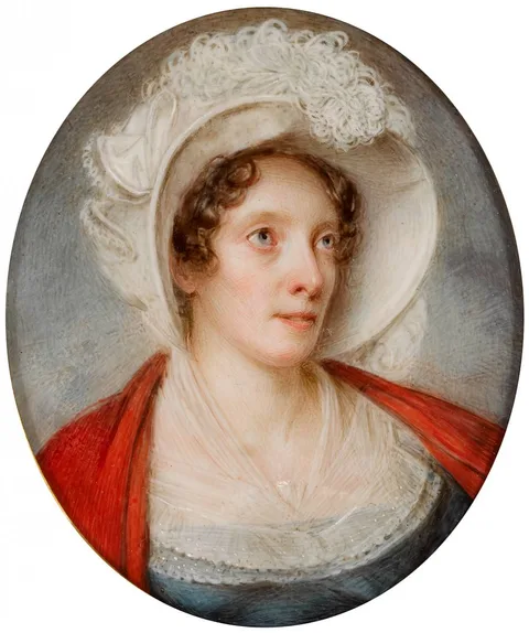 John Comerford, LADY WEARING RED SHAWL OVER BLUE DRESS, LACE FICHU AND LARGE PLUMED WHITE BONNET, watercolour; (oval)
