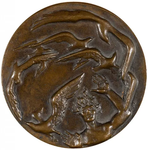 Maurice Lambert, AENGUS AND THE BIRDS - THE LADY GREGORY MEDAL FOR THE IRISH ACADEMY OF LETTERS, 1934, cast bronze art medal; (from a limited edition of 17)
