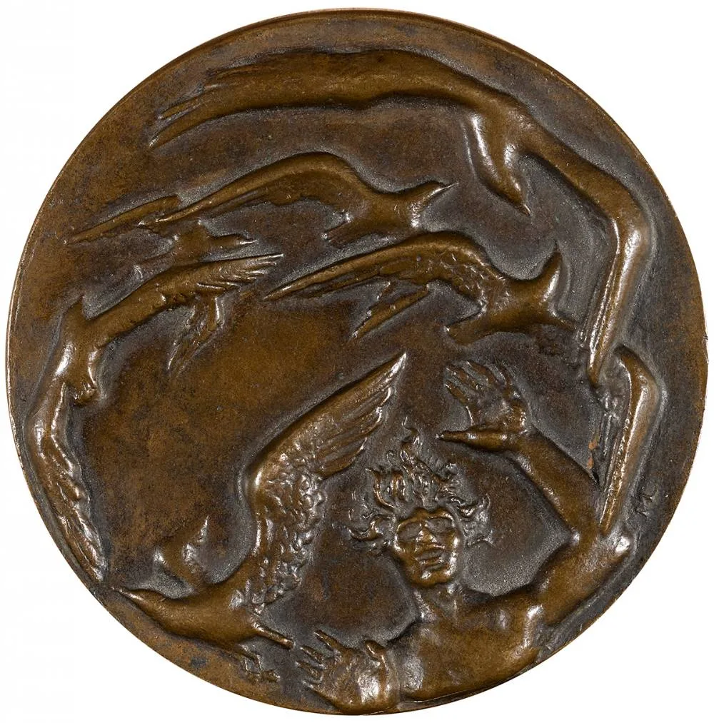 Maurice Lambert, AENGUS AND THE BIRDS - THE LADY GREGORY MEDAL FOR THE IRISH ACADEMY OF LETTERS, 1934, cast bronze art medal; (from a limited edition of 17)