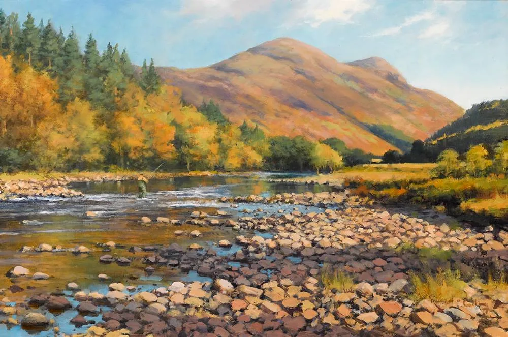 THE RIVER LYON IN LOW WATER by Peter Curling, oil on canvas, offered Jun 2022