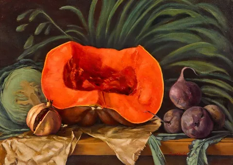 Therese McAllister, STILL LIFE WITH VEGETABLES, oil on board
