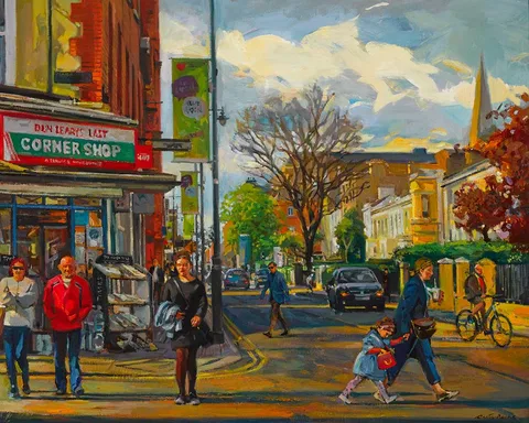 THE LAST CORNER SHOP, GEORGE'S STREET, DÚN LAOGHAIRE, COUNTY DUBLIN by Oisin Roche, oil on canvas, sold Jun 2022