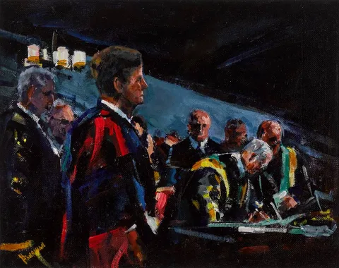Michael Hanrahan, PRESIDENT KENNEDY AT ST PATRICK'S HALL, DUBLIN CASTLE RECEIVING AN HONORARY DEGREE FROM ÉAMON DE VALERA, CHANCELLOR OF THE NATIONAL UNIVERSITY OF IRELAND, acrylic on canvas