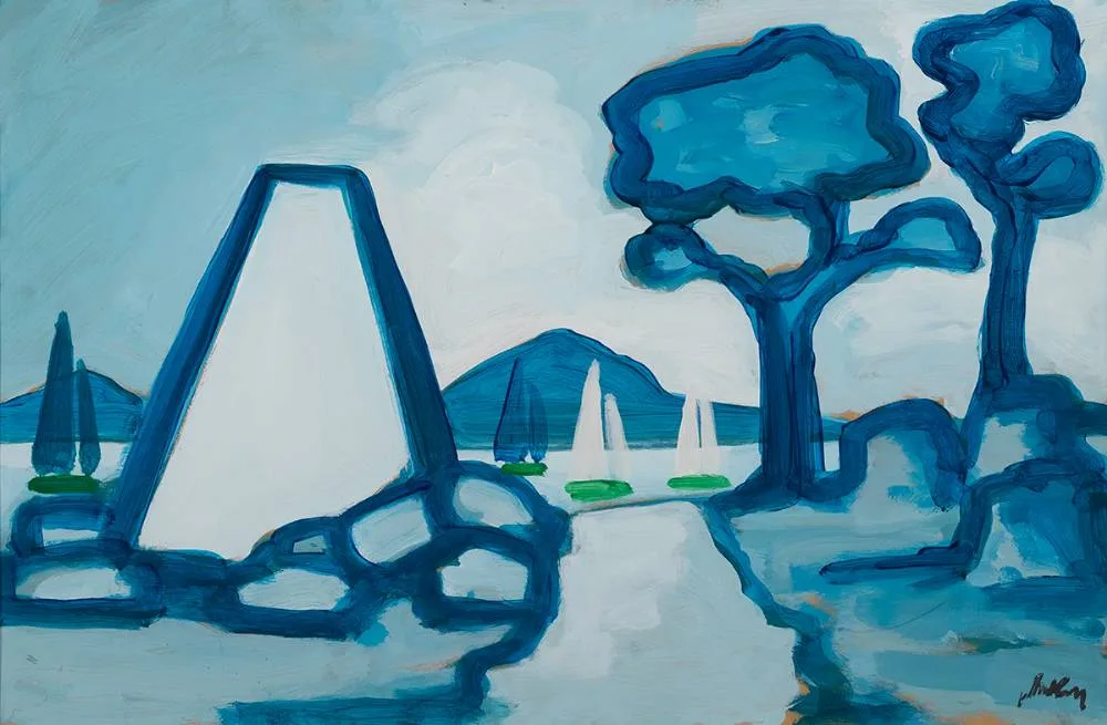 YACHTS HARBOUR BLUE by Markey Robinson, gouache, sold Jun 2022