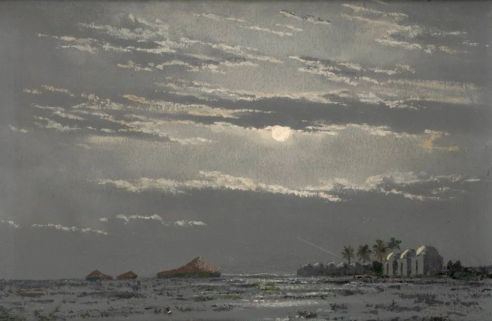 SAUDI SCENE by Ciaran Clear, oil and gouache on card, offered Mar 2022