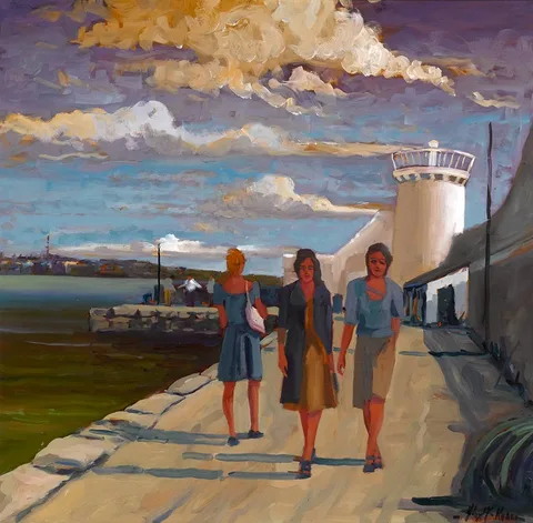 OUT FOR A WALK, BALBRIGGAN HARBOUR, COUNTY DUBLIN by Alex McKenna, oil on board, offered Mar 2022