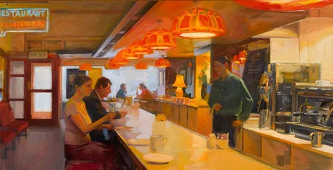 SHERIES RESTAURANT, DUBLIN by Oisin Roche, 2004, oil on canvas, sold Mar 2022