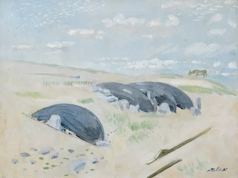 James Nolan, CURRACHS ON A BEACH, oil on board