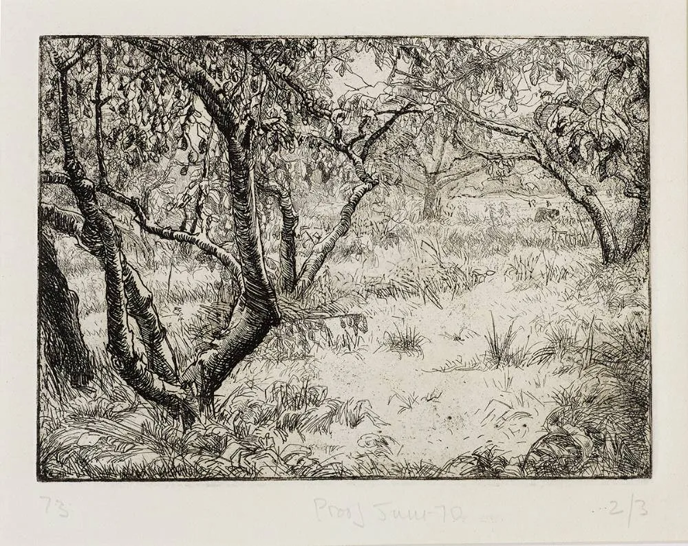 PEAR TREES by Estella Solomons, etching; (no. 2 from an edition of 3), sold Mar 2022