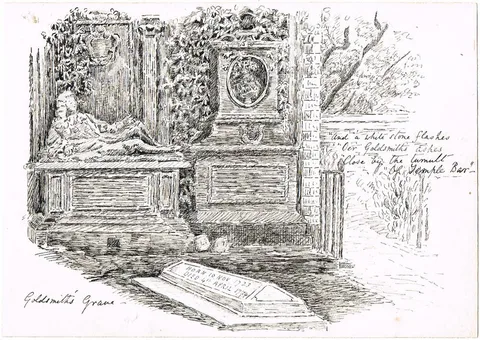 Lady Isabella Augusta Gregory, GOLDSMITH'S GRAVE, TEMPLE CHURCH, LONDON, pen and ink over pencil; (unframed)