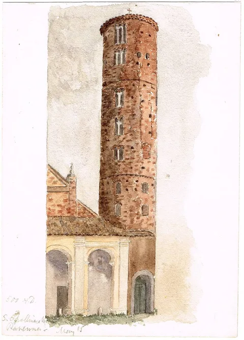 Lady Isabella Augusta Gregory, NEW BASILICA OF SAINT APOLLINARE, RAVENNA, ITALY, 1889, watercolour; (unframed)