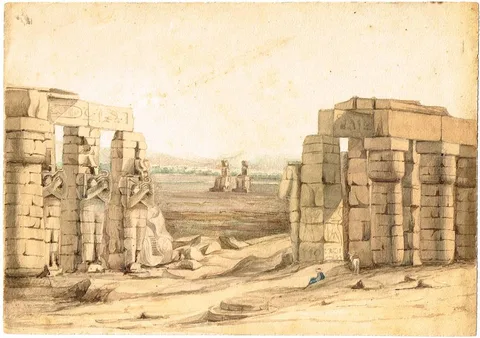 Lady Isabella Augusta Gregory, STATUES OF MEMNON, NEAR THEBES, EGYPT, watercolour with pen and ink; (unframed)