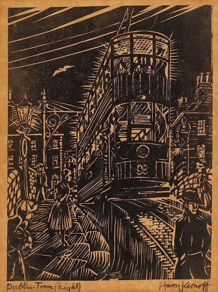 DUBLIN TRAIN (NIGHT) by Harry Kernoff, monochrome woodblock, sold Mar 2022