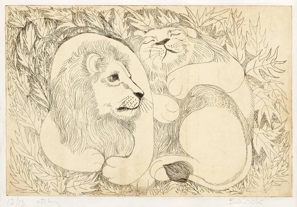 TWO LIONS by Pauline Bewick, etching; (no. 12 from an edition of 13), sold Mar 2022