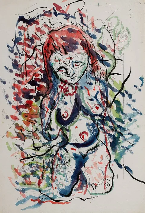 J.P. Donleavy, NUDE STUDY: WOMAN WITH RED FLOWER, 1950, watercolour
