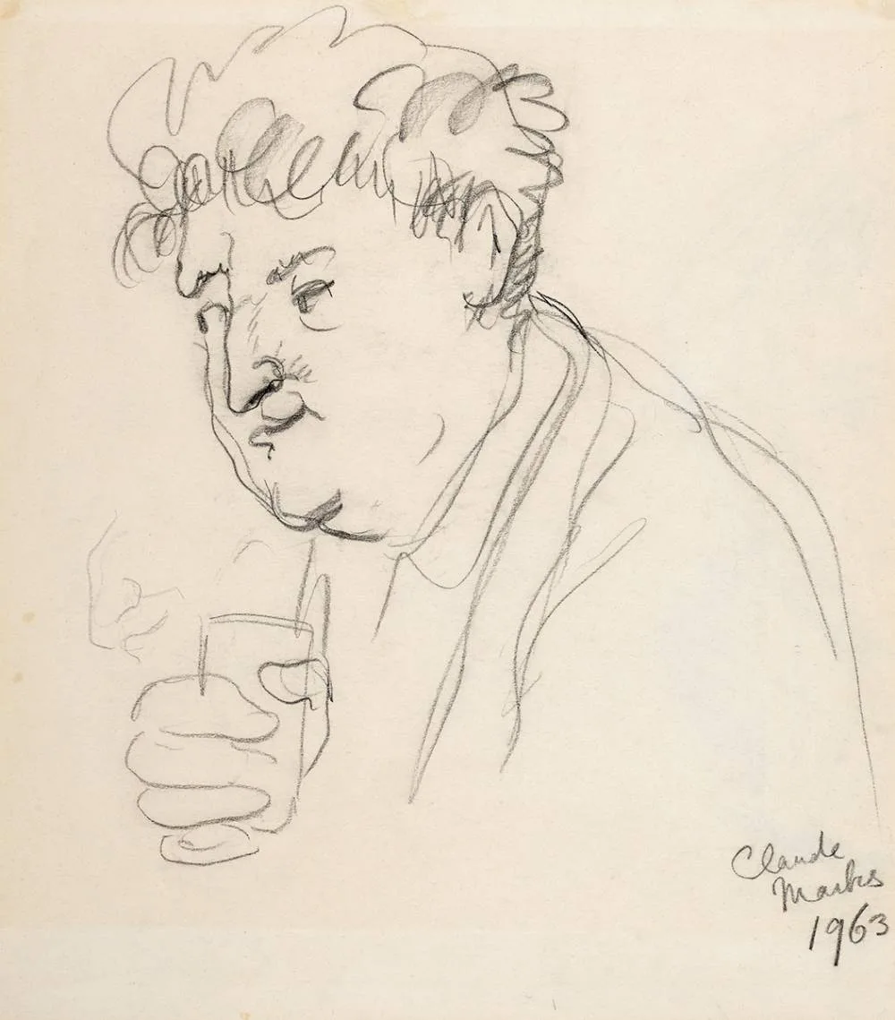 BRENDAN BEHAN by Claude Marks, 1963, black crayon on paper, offered Mar 2022
