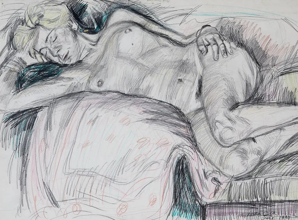 RECLINING NUDE STUDY, JUNE 1990 by Michael O'Dea, pencil and pastel, offered Mar 2022