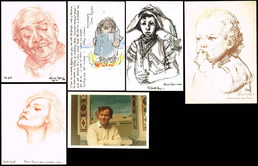 POSTCARDS AND EPHEMERA by Thomas Ryan, 1975-1983, mixed media; postcards; (6), photograph; (1), letter sheets; (2); (unframed), offered Mar 2022