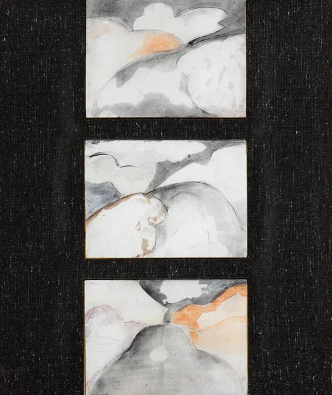 Anne Madden, TRIPTYCH: ROAD INTERVALS III, 1967, polymer acrylic and pencil on hardboard