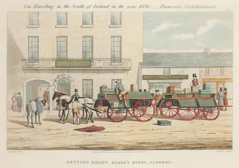 Michael Angelo Hayes, CAR TRAVELLING IN THE SOUTH OF IRELAND IN THE YEAR 1856, BIANCONI'S ESTABLISHMENT (COMPLETE SET OF SIX), hand-coloured aquatints; (6)