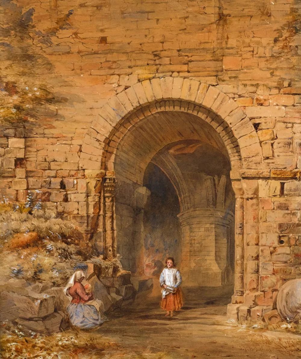 Jk Bradford, FIGURES IN AN ARCHWAY, 1857, watercolour
