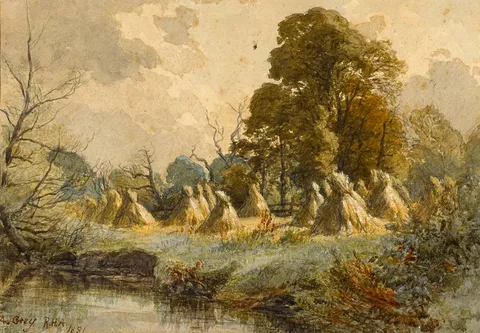Alfred Grey, RIVER SCENE WITH HAYSTACKS, 1881, watercolour